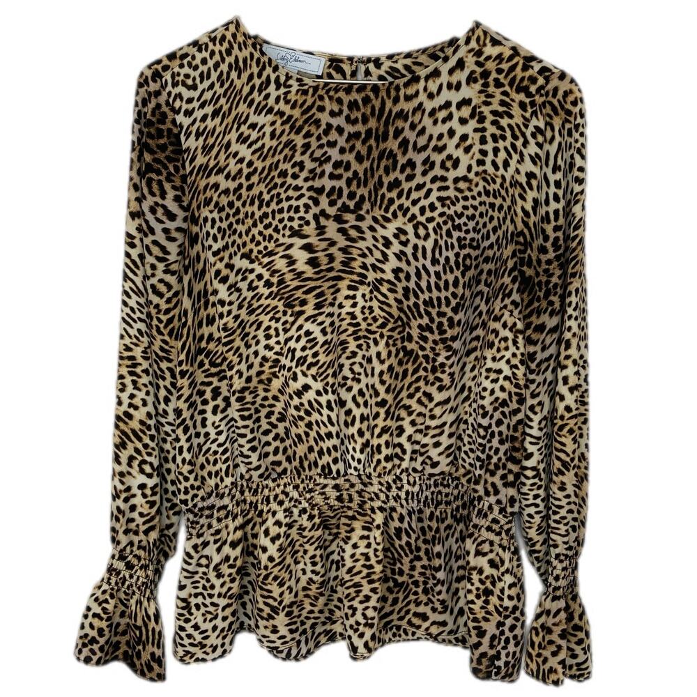 Libby Edelman Leopard Print Gathered Waist Peplum Top - Women's L